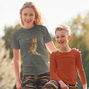 Army green bird shirt with vintage owl art and the words "Great Horned Owl" on the top right. Worn by a mom with her boy.