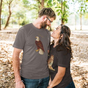 Dark gray bird shirt with vintage artwork of a bald eagle and the words "Bald Eagle" centered above the art. Worn by a man in the park with his girlfriend.