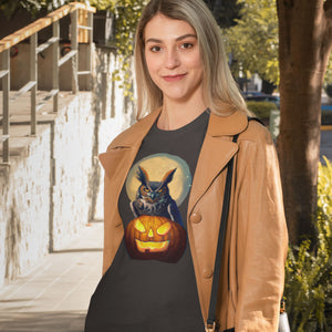 Brown bird t-shirt with a great horned owl sitting behind a jack-o-lantern with a full moon rising behind. Worn by a woman.