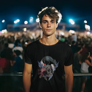 Gothic themed black bird shirt with a crow carrying a heart pendant, perched on a skull surrounded by flowers, feathers and wings. Worn by a man at a concert.