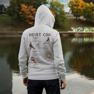 Grey bird hoodie featuring a posse of show pigeons and describing their specific set of skills on the back of the shirt.