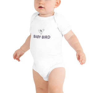 White baby bodysuit with a graphic of a bird and the words The Baby Bird beneath.