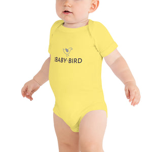 Yellow baby bodysuit with a graphic of a bird and the words The Baby Bird beneath.