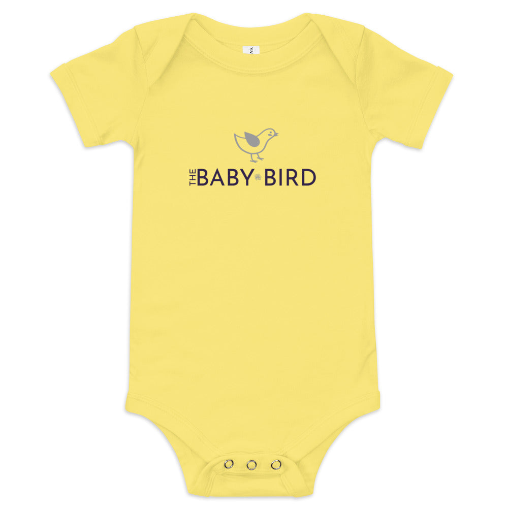 Yellow baby bodysuit with a graphic of a bird and the words The Baby Bird beneath.