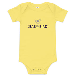 Yellow baby bodysuit with a graphic of a bird and the words The Baby Bird beneath.