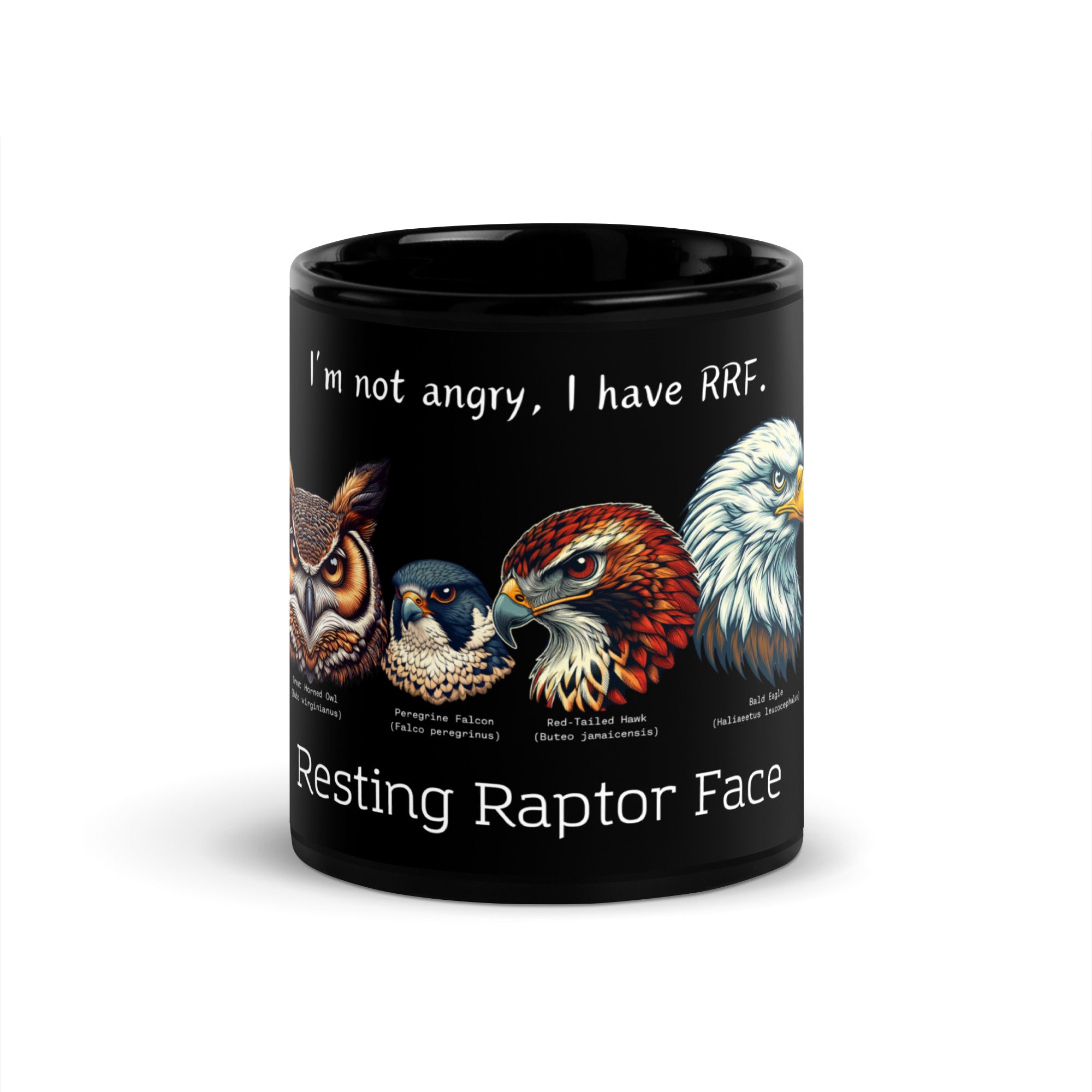 Black 11 oz mug with illustrations of a Great Horned Owl, Peregrine, Red-Tailed Hawk and Bald Eagle and the words "I'm Not Angry, I have RRF. Resting Raptor Face" above and below the birds. Front view