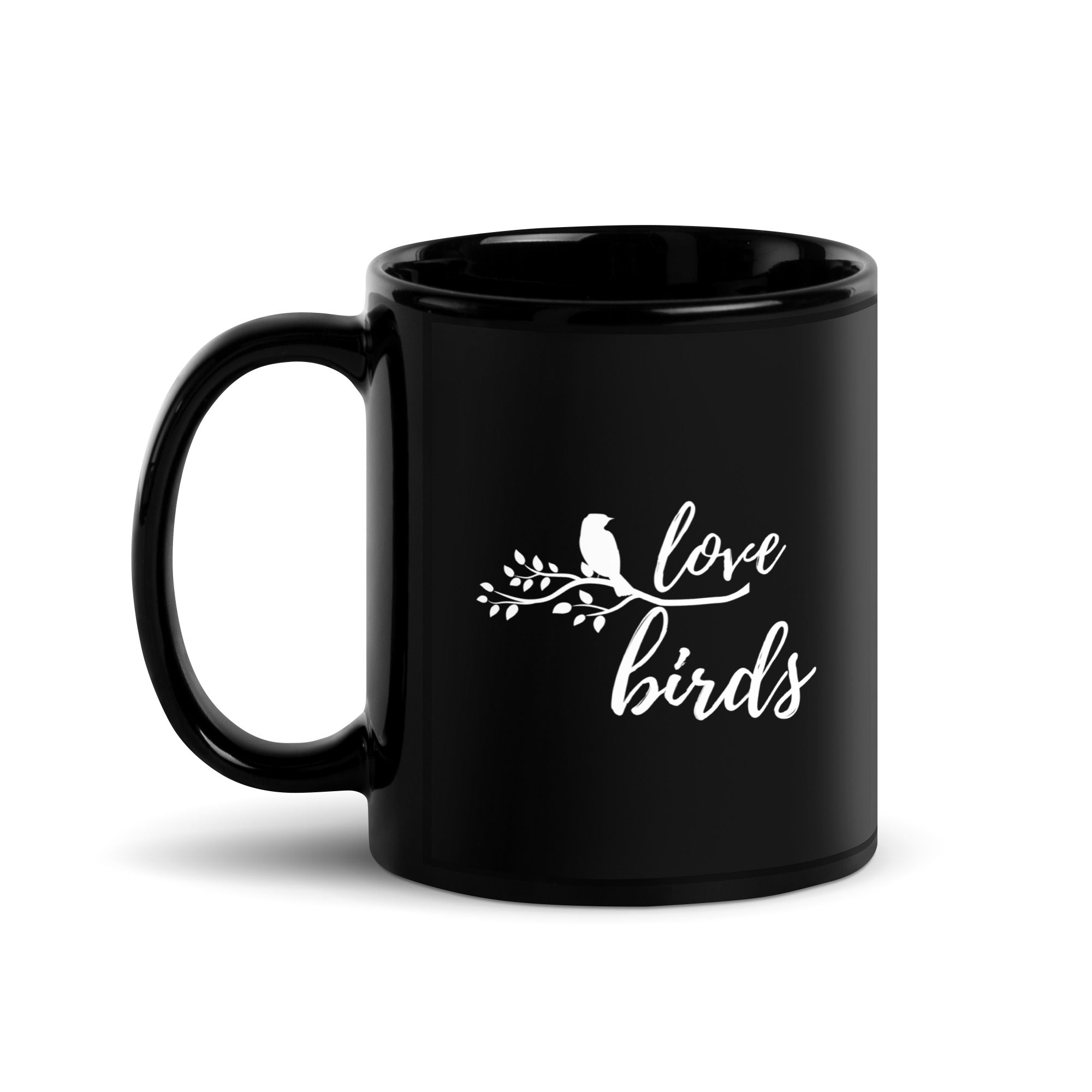 Black 11-ounce mug with the words Love birds and a graphic of a bird on a branch in white.