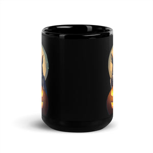 Black 15-ounce bird mug with a great horned owl sitting behind a jack-o-lantern with a full moon rising behind.