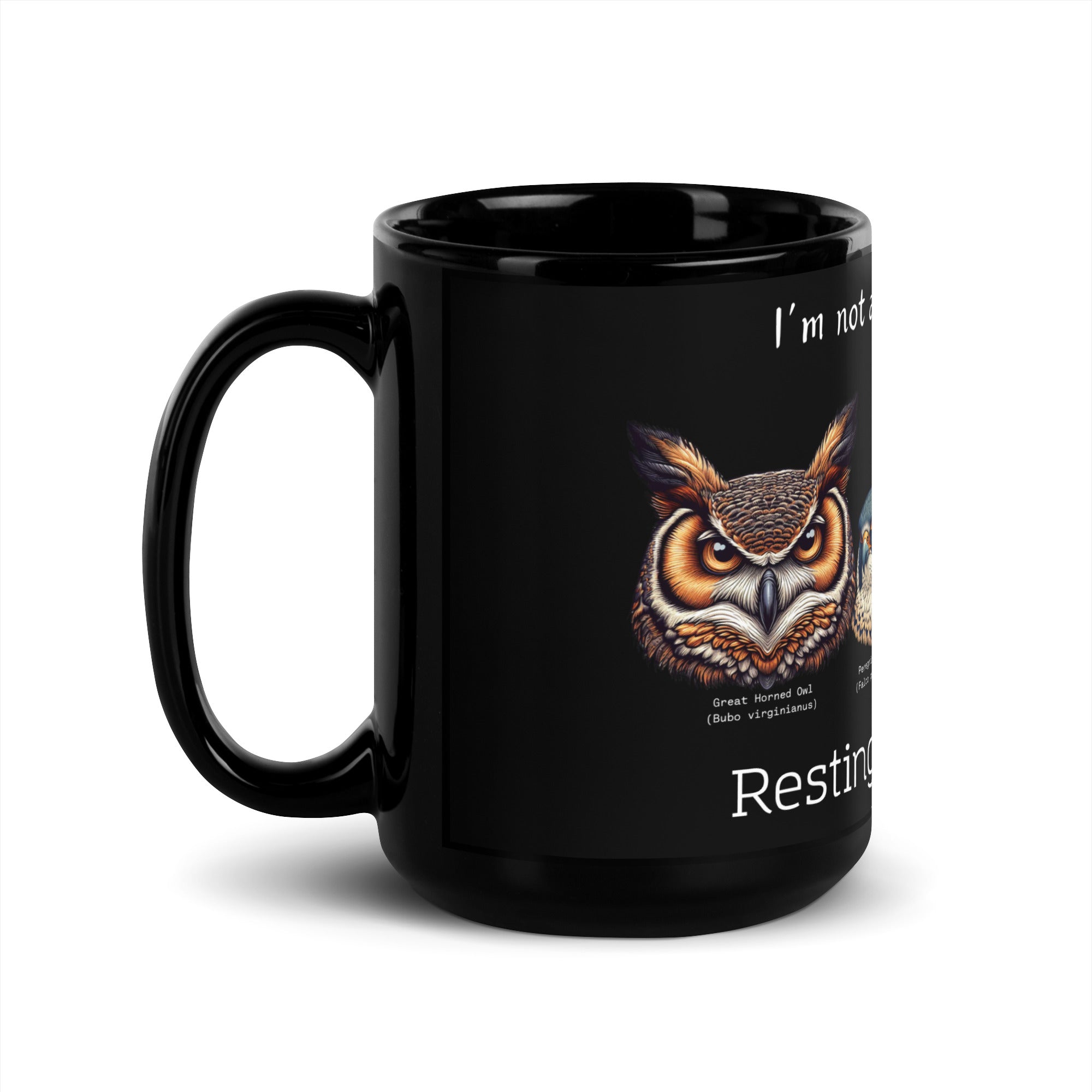 Black 15 oz mug with illustrations of a Great Horned Owl, Peregrine, Red-Tailed Hawk and Bald Eagle and the words "I'm Not Angry, I have RRF. Resting Raptor Face" above and below the birds. Side view right.