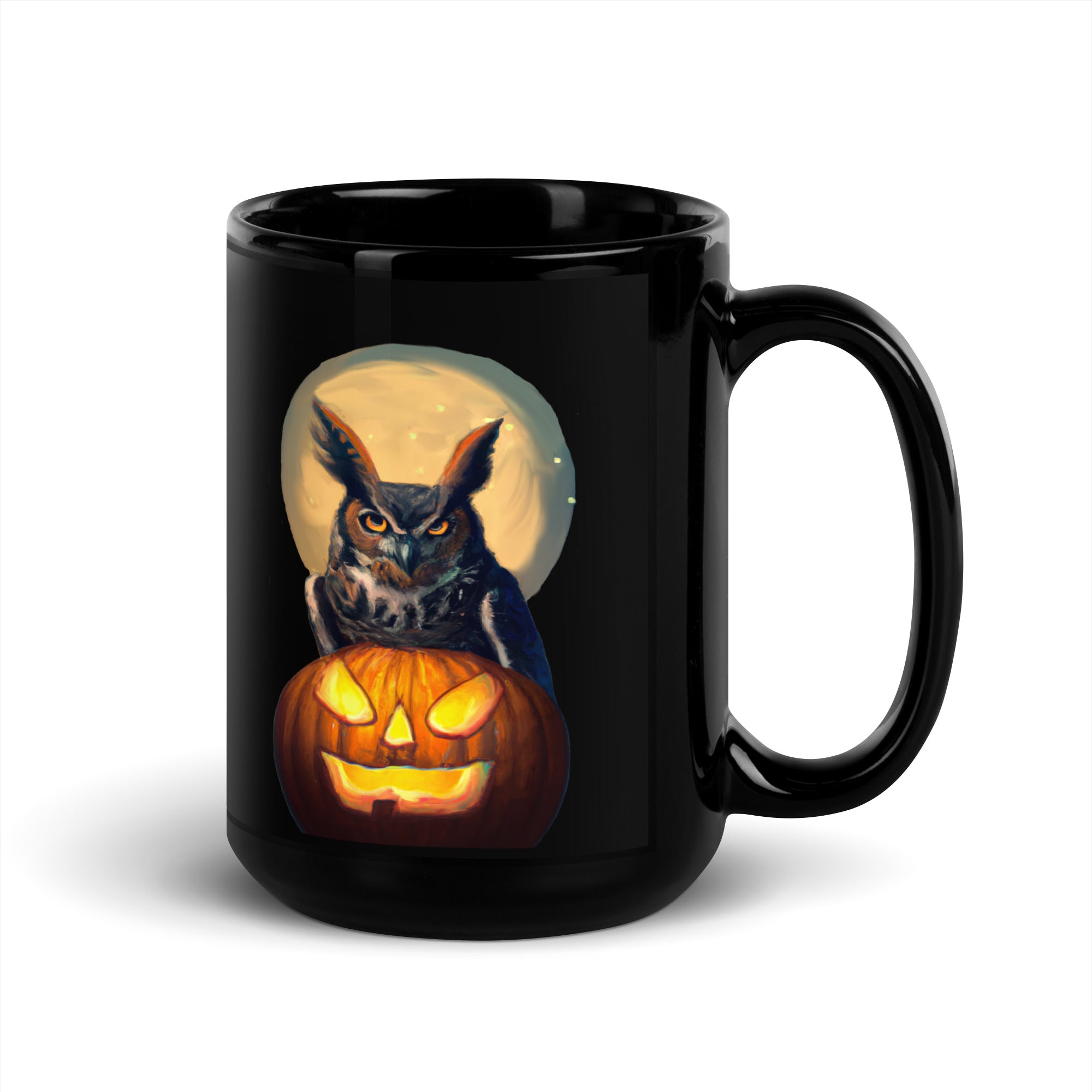 Black 15-ounce bird mug with a great horned owl sitting behind a jack-o-lantern with a full moon rising behind.