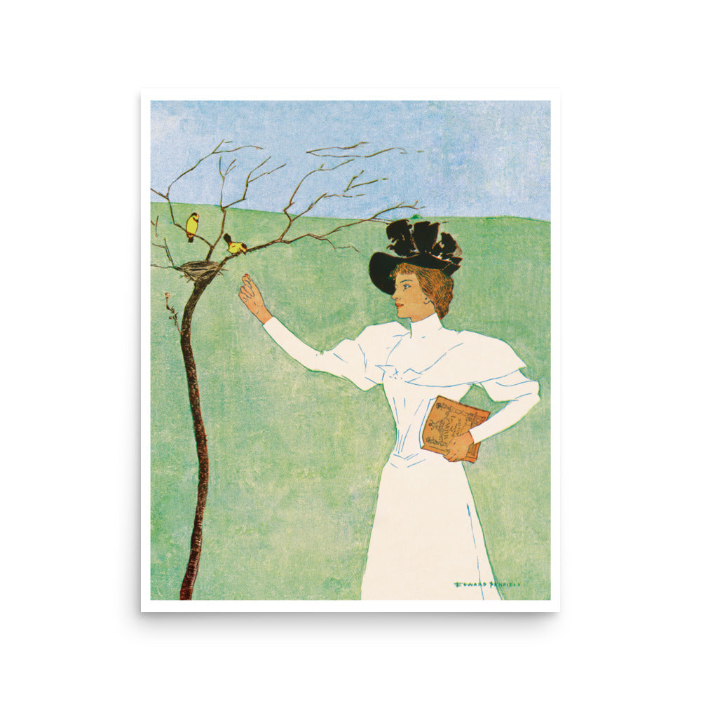 Poster print of a drawing of lady in historical dress reaching towards a bare tree with goldfinches near a nest.