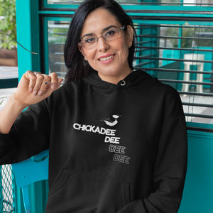 Black hoodie with a chickadee on the front and chickadee call. Worn by a woman.