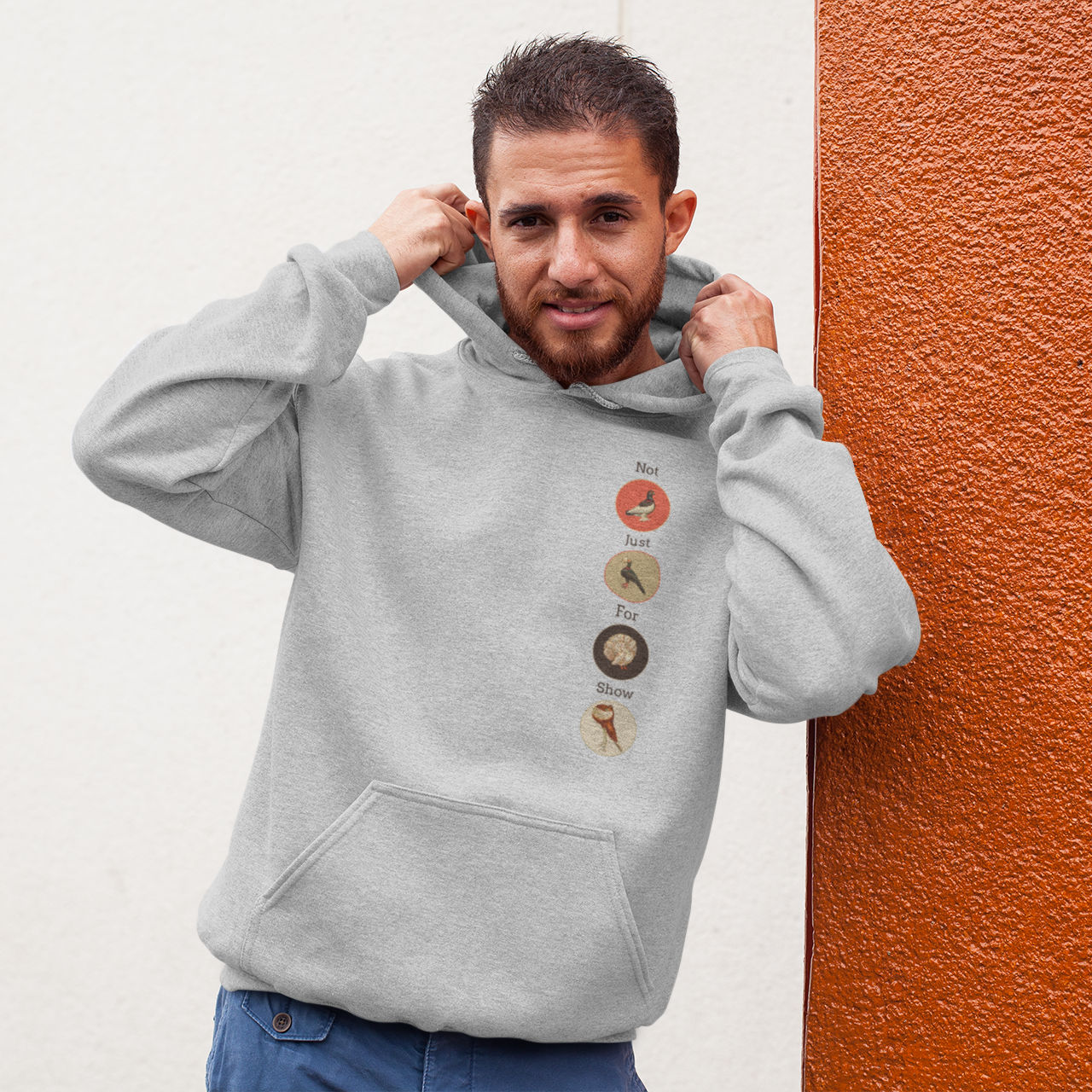 Grey bird hoodie featuring a posse of show pigeons and describing their specific set of skills on the back of the shirt.. Front of shirt is shown with each pigeon in its own circle down the left side.