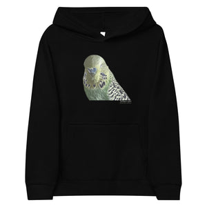 Black unisex youth bird hoodie with an illustrated and lifelike graphic of a green and yellow parakeet or budgie on the front. Below and to the right of the picture is the word Budgerigar and below that the scientific name in parenthesis in small print.