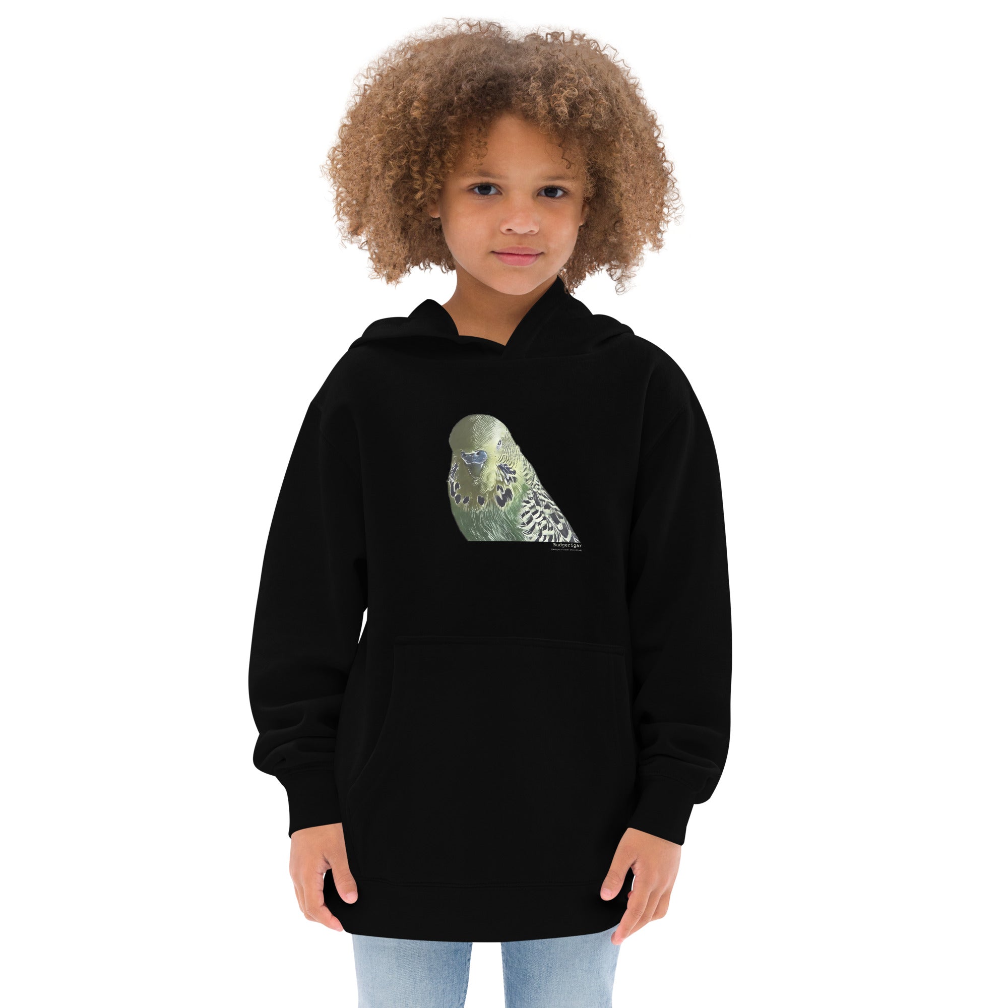 Black unisex youth bird hoodie with an illustrated and lifelike graphic of a green and yellow parakeet or budgie on the front. Below and to the right of the picture is the word Budgerigar and below that the scientific name in parenthesis in small print.