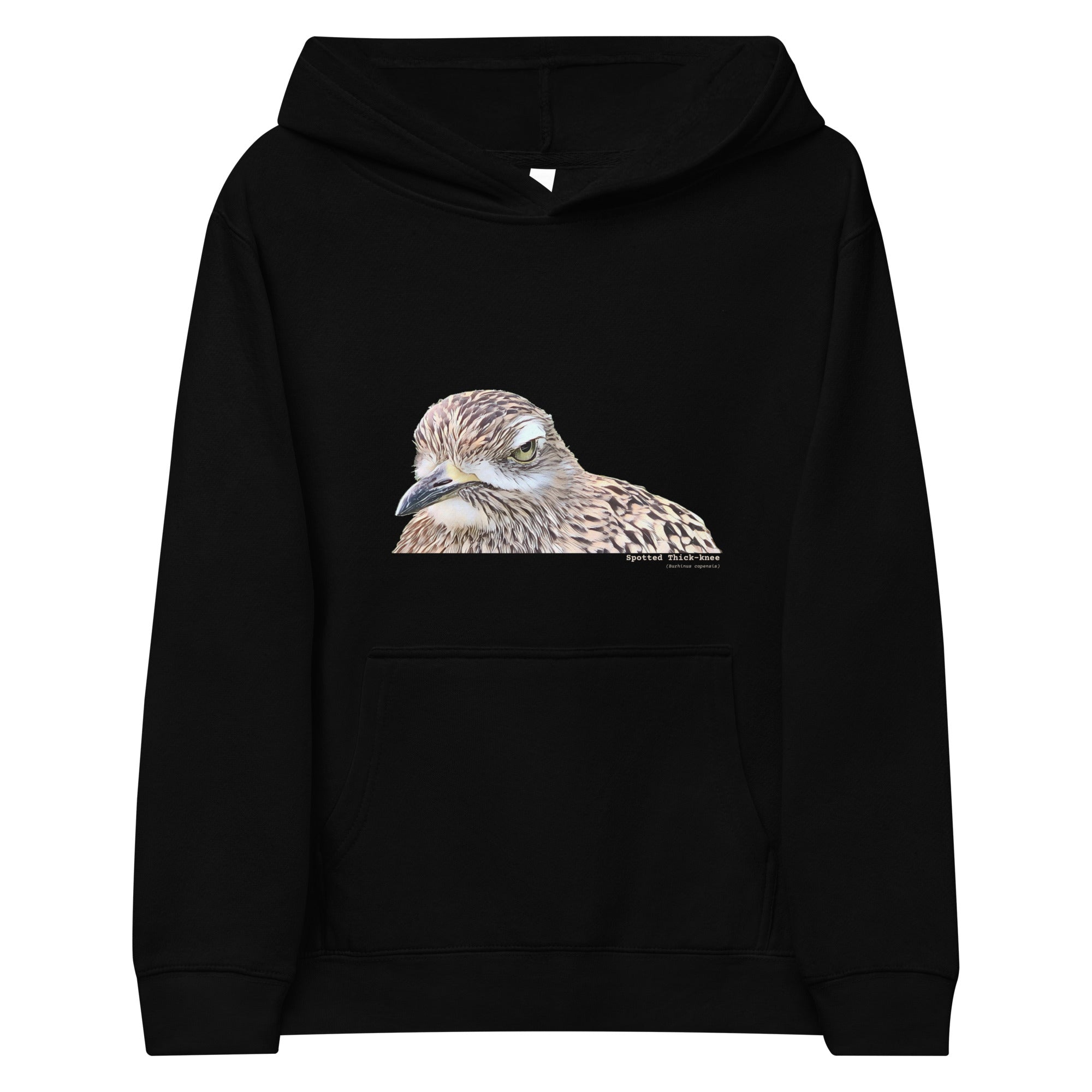 Black unisex youth bird hoodie with an illustrated picture of a spotted thick-knee bird looking grumpy. The words spotted thick-knee are written below the illustration, including the scientific name..