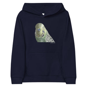 Navy unisex youth bird hoodie with an illustrated and lifelike graphic of a green and yellow parakeet or budgie on the front. Below and to the right of the picture is the word Budgerigar and below that the scientific name in parenthesis in small print.