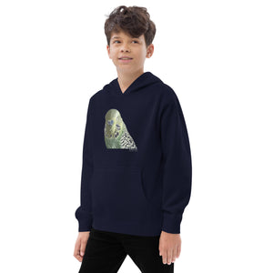 Navy unisex youth bird hoodie with an illustrated and lifelike graphic of a green and yellow parakeet or budgie on the front. Below and to the right of the picture is the word Budgerigar and below that the scientific name in parenthesis in small print. Worn by a boy.