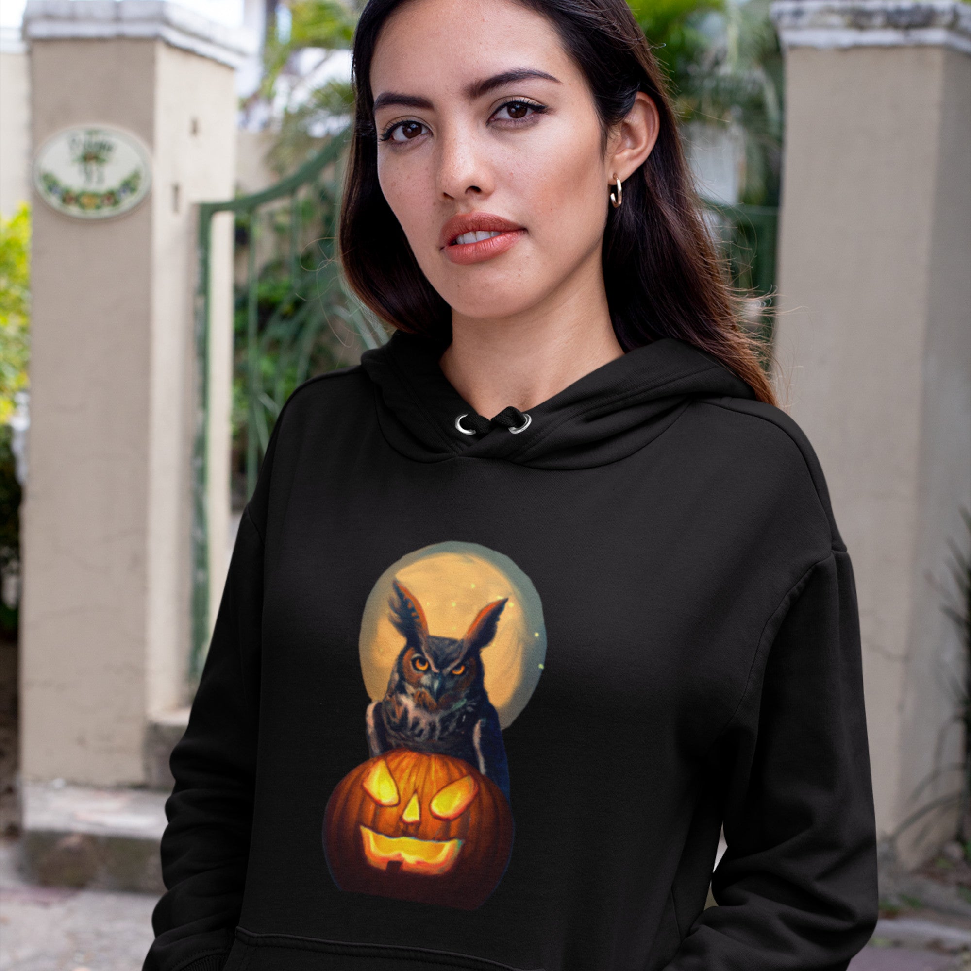 Black unisex bird hoodie with a picture of a great horned owl sitting on a carved pumpkin in front of a full moon on the front.