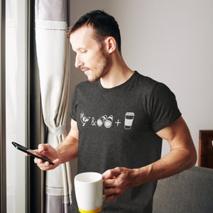 Dark gray heather bird shirt with a bird, binoculars and cup of coffee. Worn by a man.