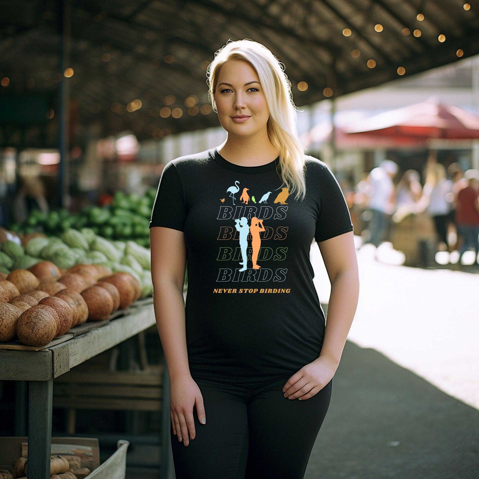 Black unisex birding t-shirt that has silhouettes of a man and a woman using binoculars overlayed on a stack of the word Birds with the saying, "Never Stop Birding" at the bottom and colorful silhouette of different birds at the top.