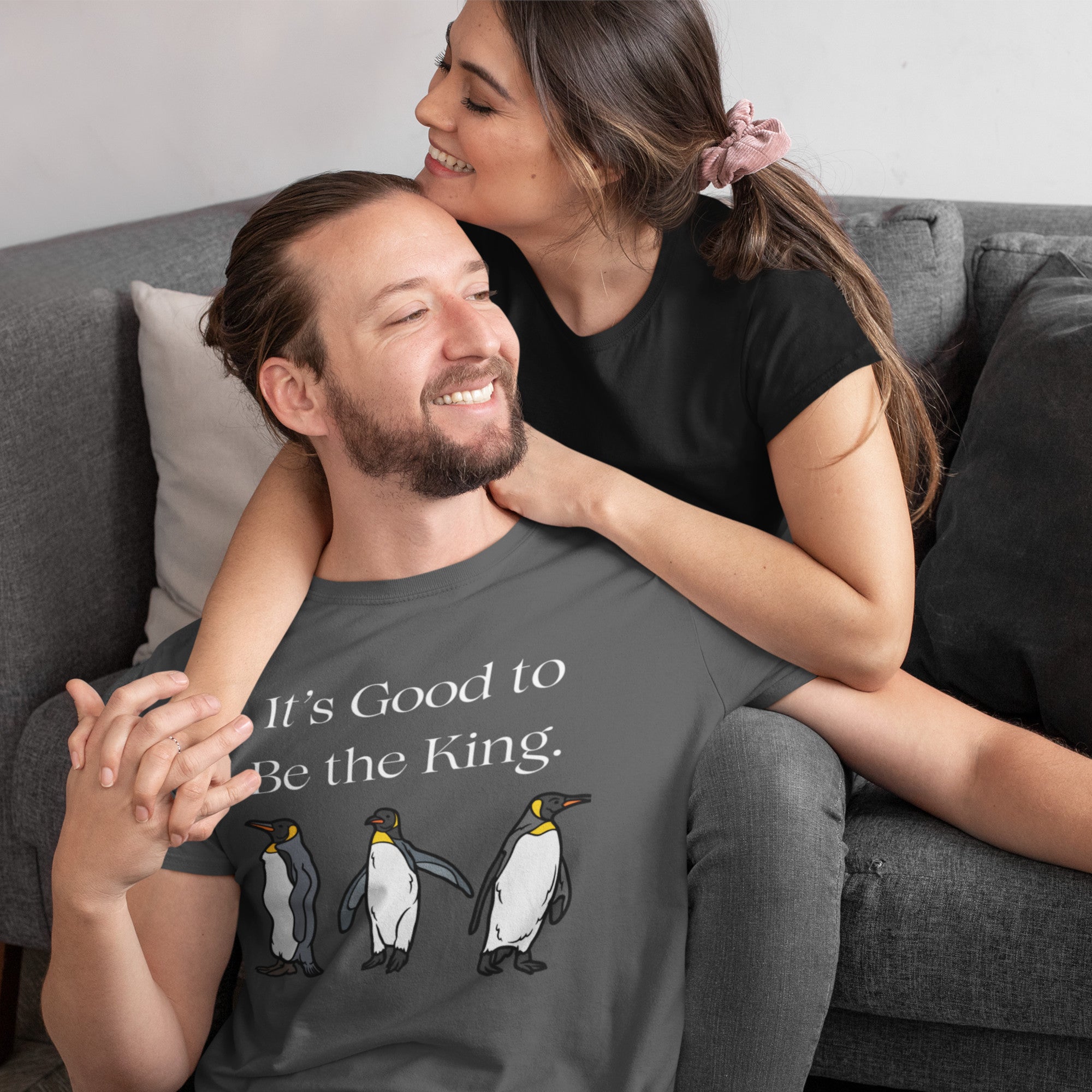 Grey heather unisex bird shirt with three king penguins below the phrase, "It's Good to Be The King."