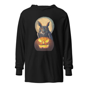 Black, long-sleeve, hooded bird t-shirt with a great horned owl sitting behind a pumpkin, outlined by the full moon.