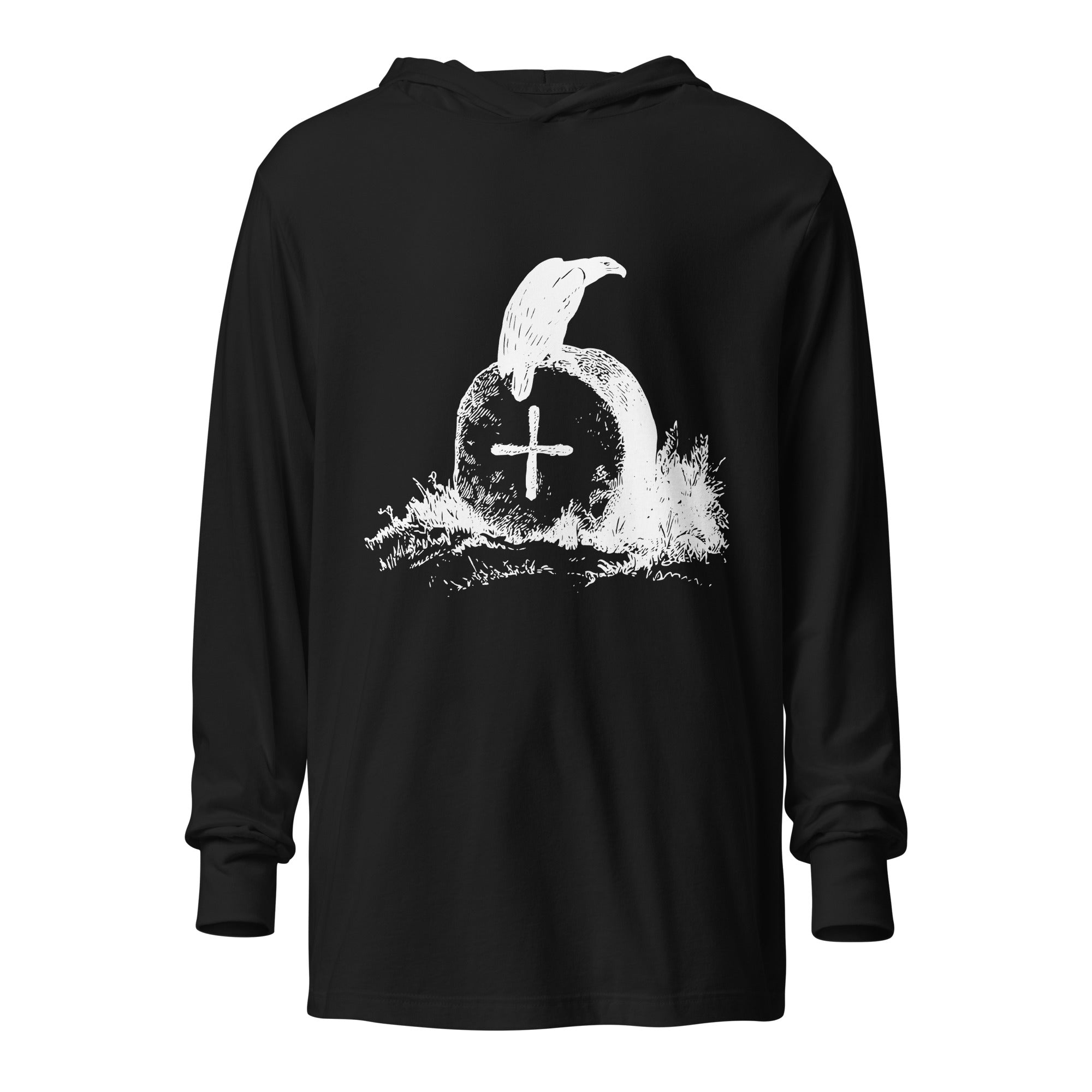 Black, long-sleeve, hooded bird t-shirt with a raven perches on a grave. Spooky.