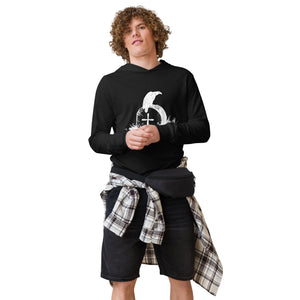 Black, long-sleeve, hooded bird t-shirt with a raven perches on a grave. Spooky. Worn by a dude.