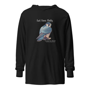 Black, long-sleeve, hooded bird t-shirt with a peregrine falcon under the words, Fast, Fierce, Fluffy.