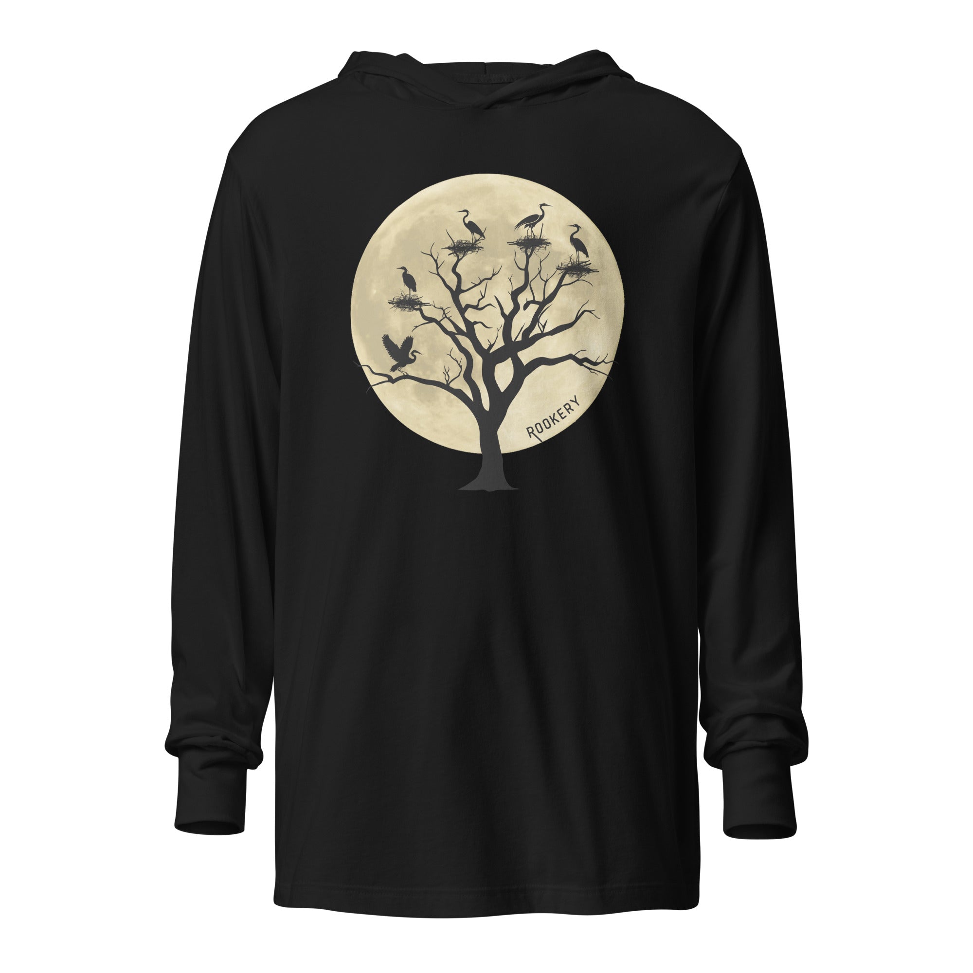 Black long-sleeved, hooded bird t-shirt with a full moon outlining a heron rookery.