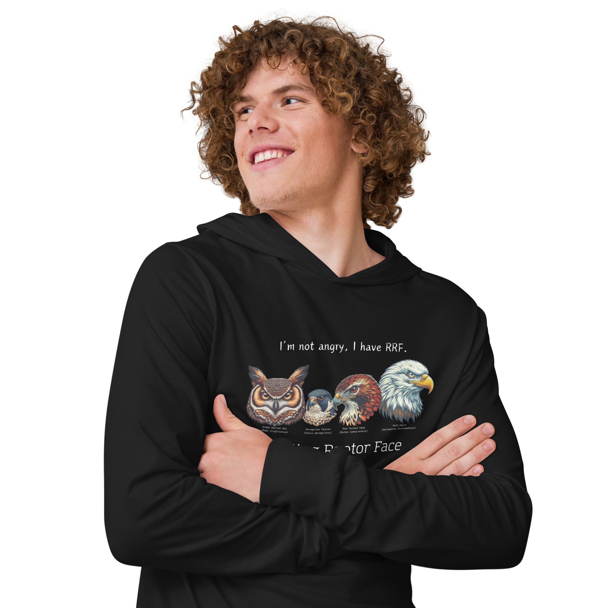 Black, long-sleeve, hooded bird t-shirt with a group of raptors and a funny saying about resting raptor faces.