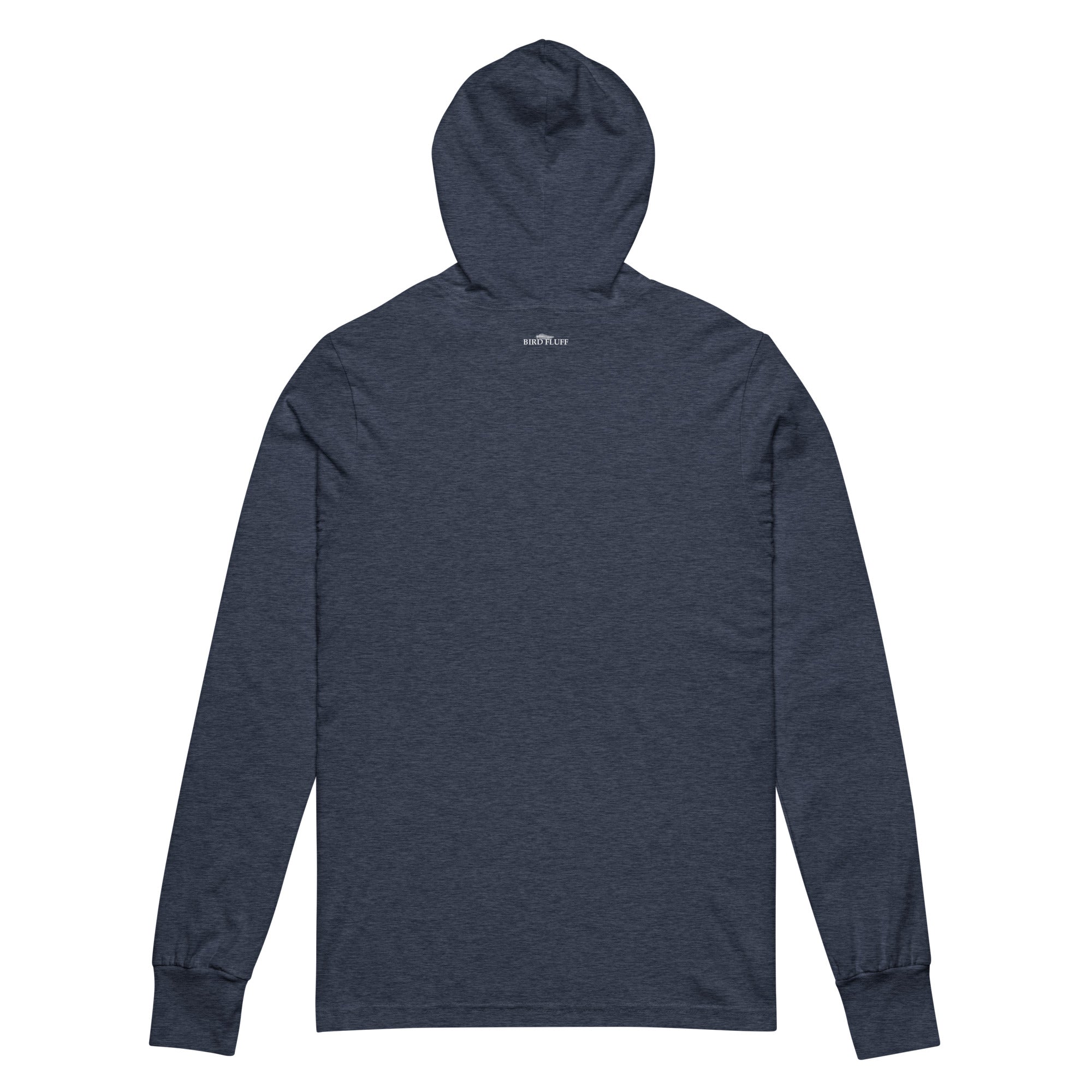 Heather navy blue, hooded, long-sleeved t-shirt with the words Nerdy for them birdies on the front in coordinating colors. Rear of shirt with small brand logo under hood.