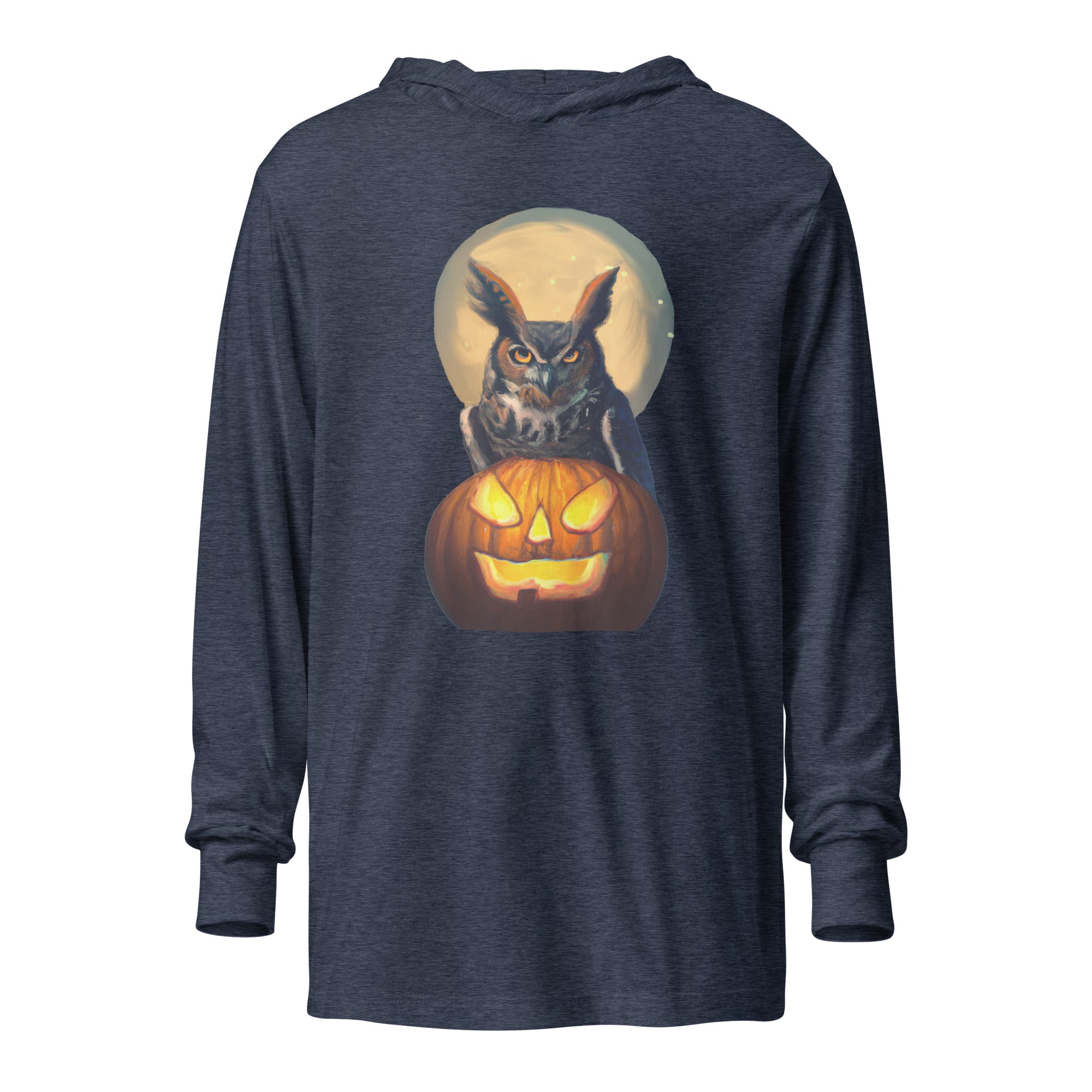 Navy heather, long-sleeve, hooded bird t-shirt with a great horned owl sitting behind a pumpkin, outlined by the full moon.