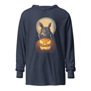 Navy heather, long-sleeve, hooded bird t-shirt with a great horned owl sitting behind a pumpkin, outlined by the full moon.