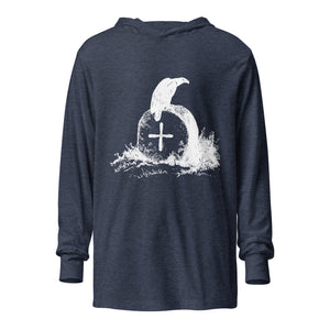 Navy heather, long-sleeve, hooded bird t-shirt with a raven perches on a grave. Spooky.