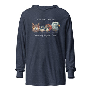 Navy heather, long-sleeve, hooded bird t-shirt with a group of raptors and a funny saying about resting raptor faces.