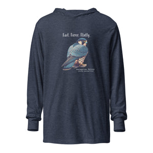 Navy heather, long-sleeve, hooded bird t-shirt with a peregrine falcon under the words, Fast, Fierce, Fluffy.