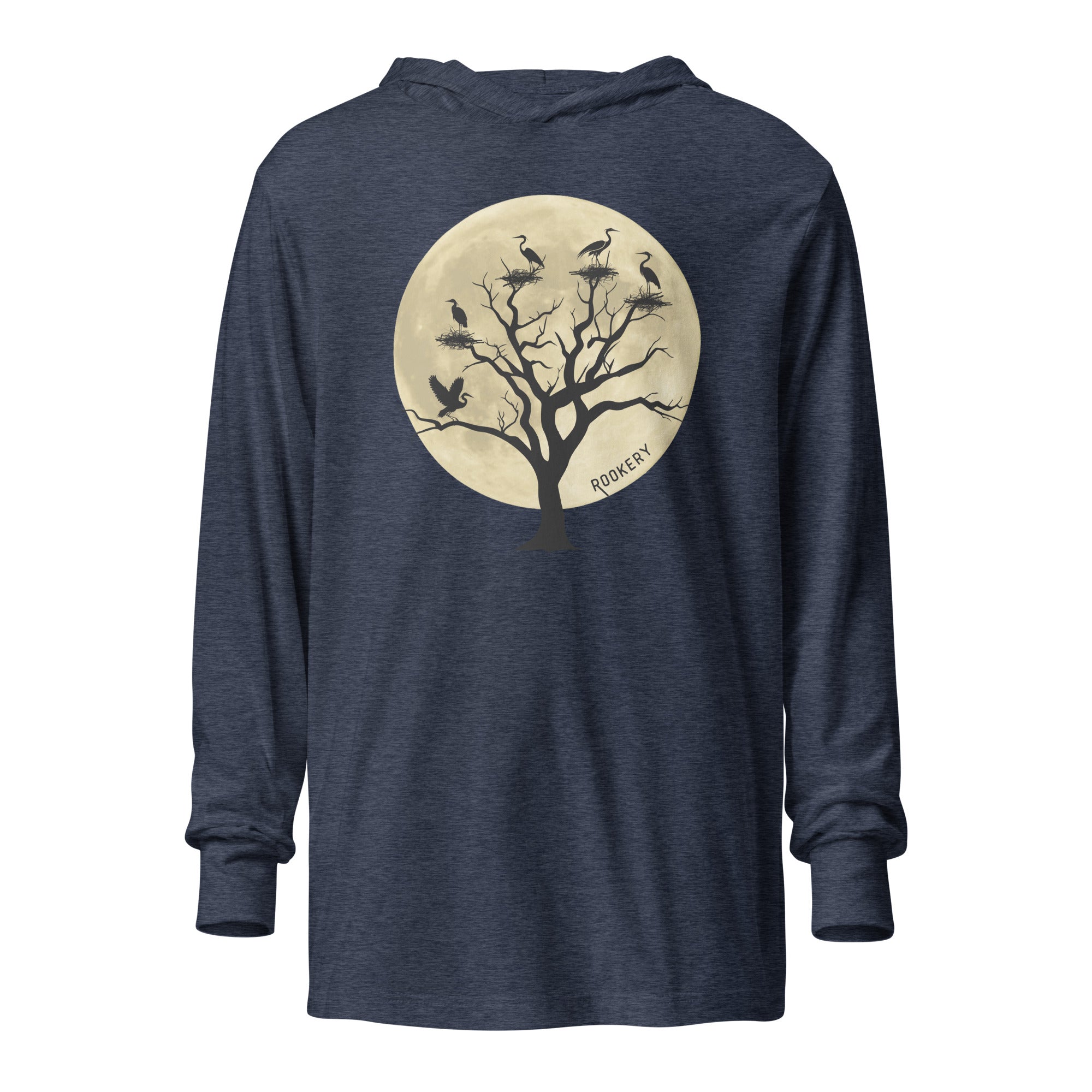 Navy heather, long-sleeve, hooded bird t-shirt with a full moon outlining a heron rookery.