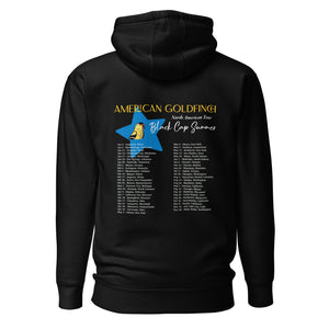 Black unisex bird hoodie featuring an American goldfinch singing into a microphone with a list of dates and cities on the back where the american goldfinch is commonly seen. Rear view shown.