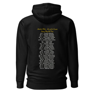 Black unisex bird hoodie featuring an illustration of an American Robin and a microphone and the words American Robin, Spring Fling Tour. Back of hoodie shown with concert dates.