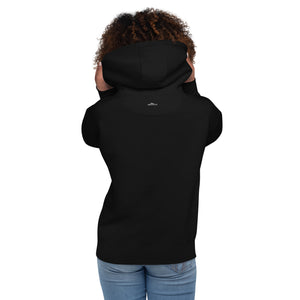 Black bird hoodie with a full moon outlining a heron rookery.  Rear view showing small brand logo beneath hood.