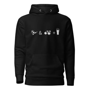 Unisex black hooded bird sweatshirt celebrating bird watching and beer with a graphic of binoculars, a bird, and a glass of beer.