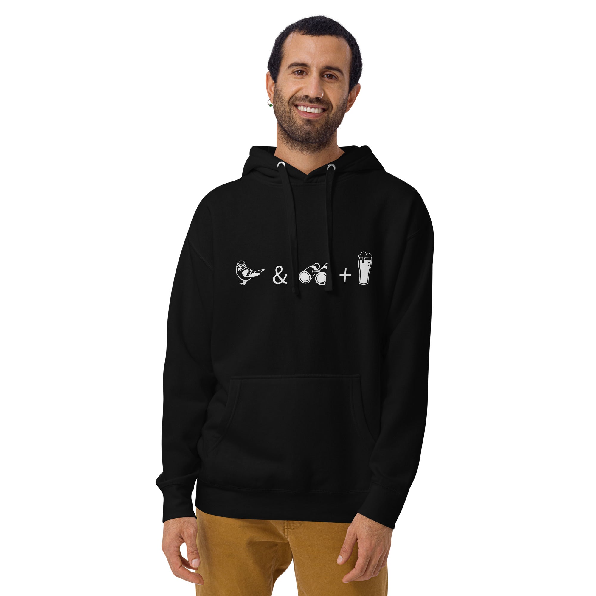 Unisex black hooded bird sweatshirt celebrating bird watching and beer with a graphic of binoculars, a bird, and a glass of beer. Worn by a man.