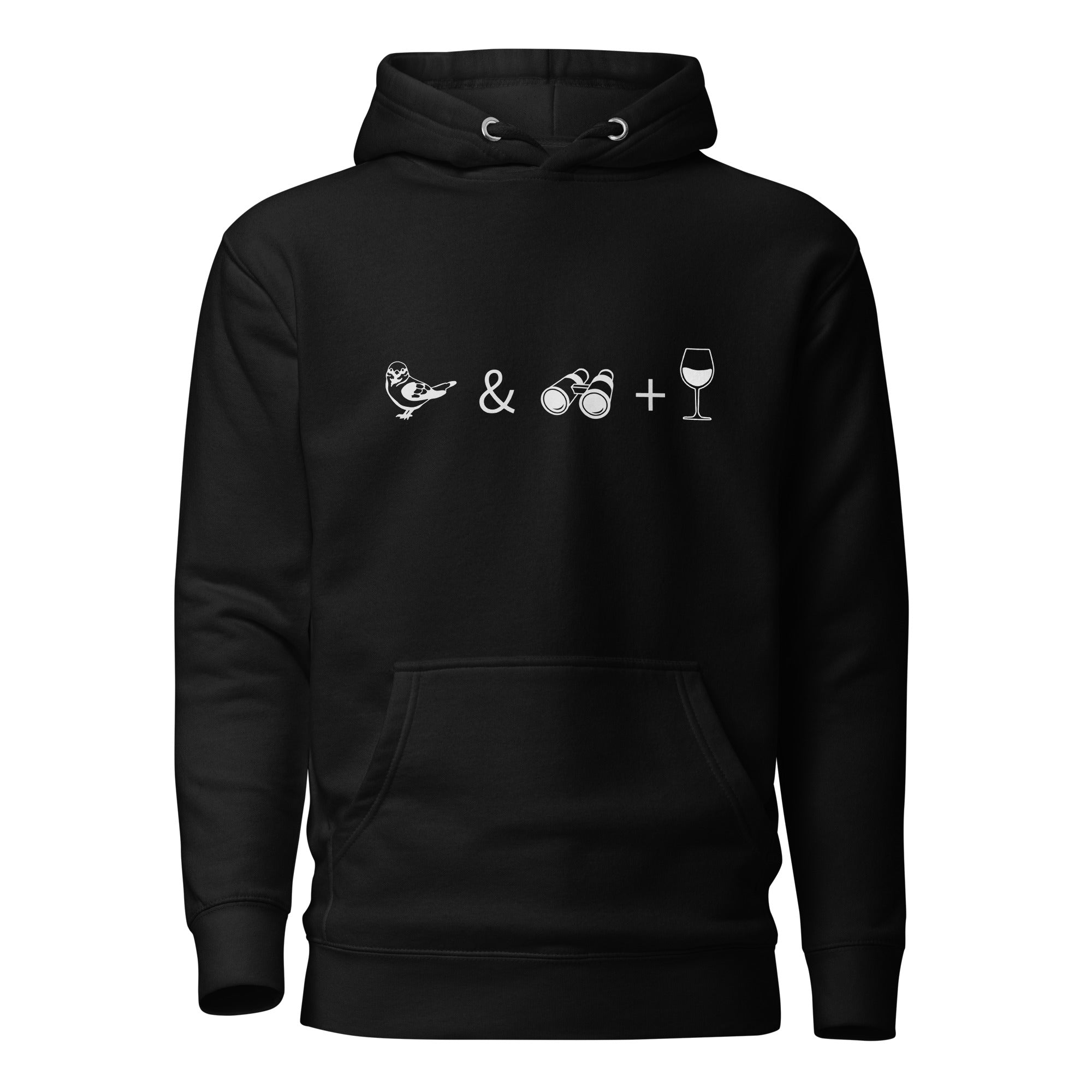 Unisex black hooded bird sweatshirt celebrating bird watching and wine drinking with a graphic of binoculars, a bird, and a glass of wine.