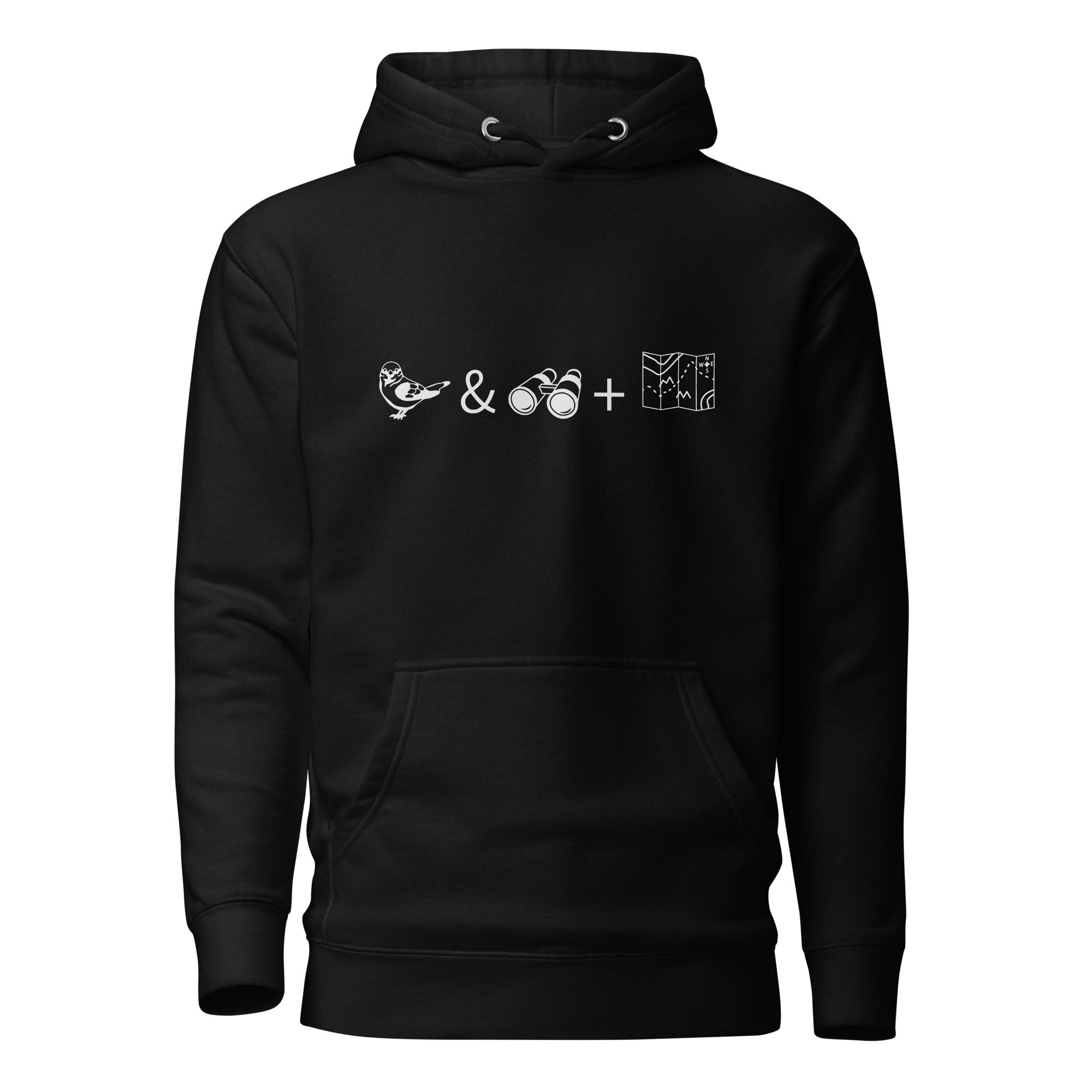 Black unisex birding hoodie with a graphic of a bird, binoculars and a map on the front.