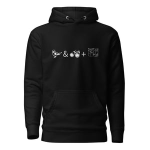 Black unisex birding hoodie with a graphic of a bird, binoculars and a map on the front.