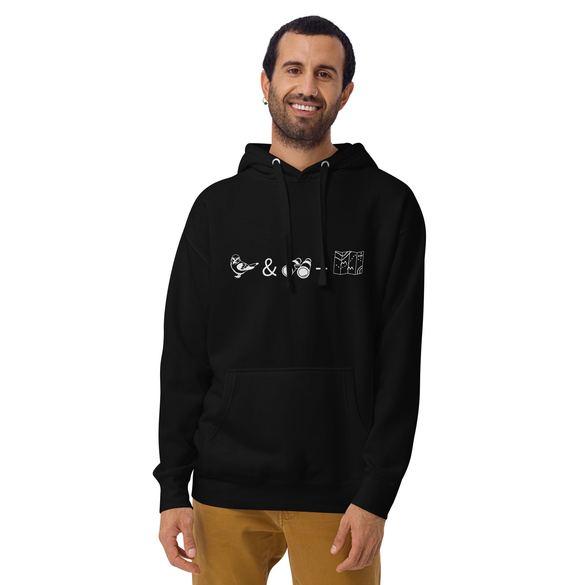 Black unisex birding hoodie with a graphic of a bird, binoculars and a map on the front.