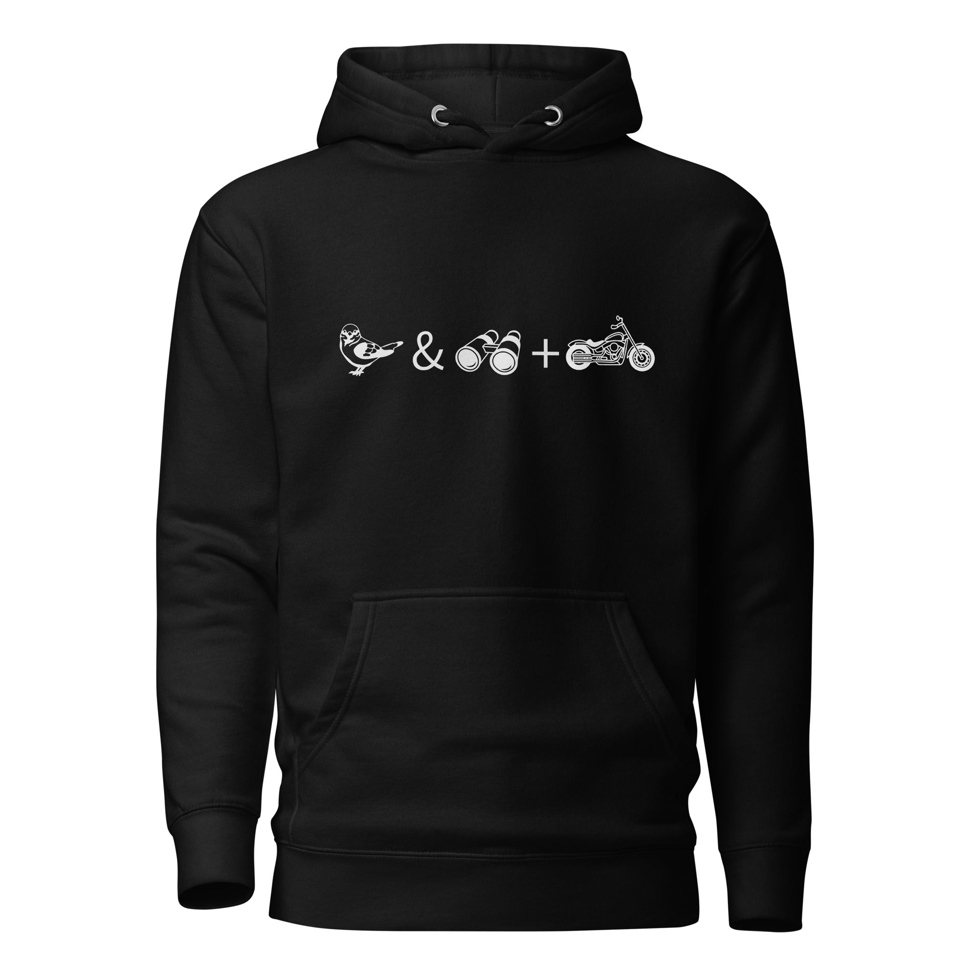 Unisex black birding hoodie celebrating bird watching and motorcycling with a graphic of binoculars, a bird, and a motorcycle.