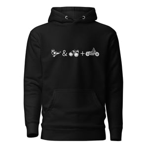 Unisex black birding hoodie celebrating bird watching and motorcycling with a graphic of binoculars, a bird, and a motorcycle.